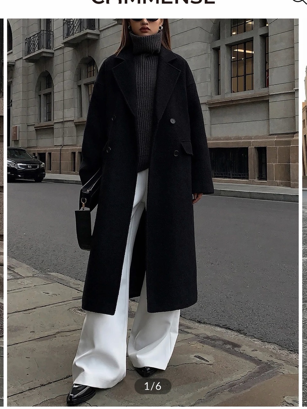 Commense Black Long Double-Breasted Trench Coat